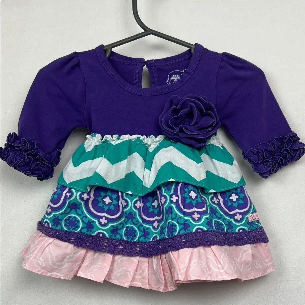Ruffle Butte Purple Green &pink dress with bow and flower size 3-6 months
